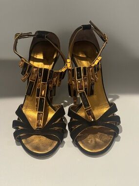 Giuseppe Zanotti Black Suede Heels w/  Swarovski Crystal &Metallic Gold Leather